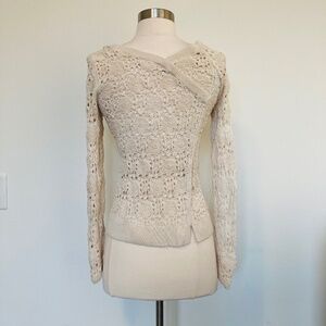 Anthropologie Asymmetrical Crochet Open Knit Cotton Sweater Ivory Cream White